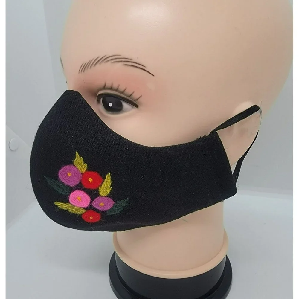 New Face cover ear loop black Mask Women's Embroidered handmade roses design